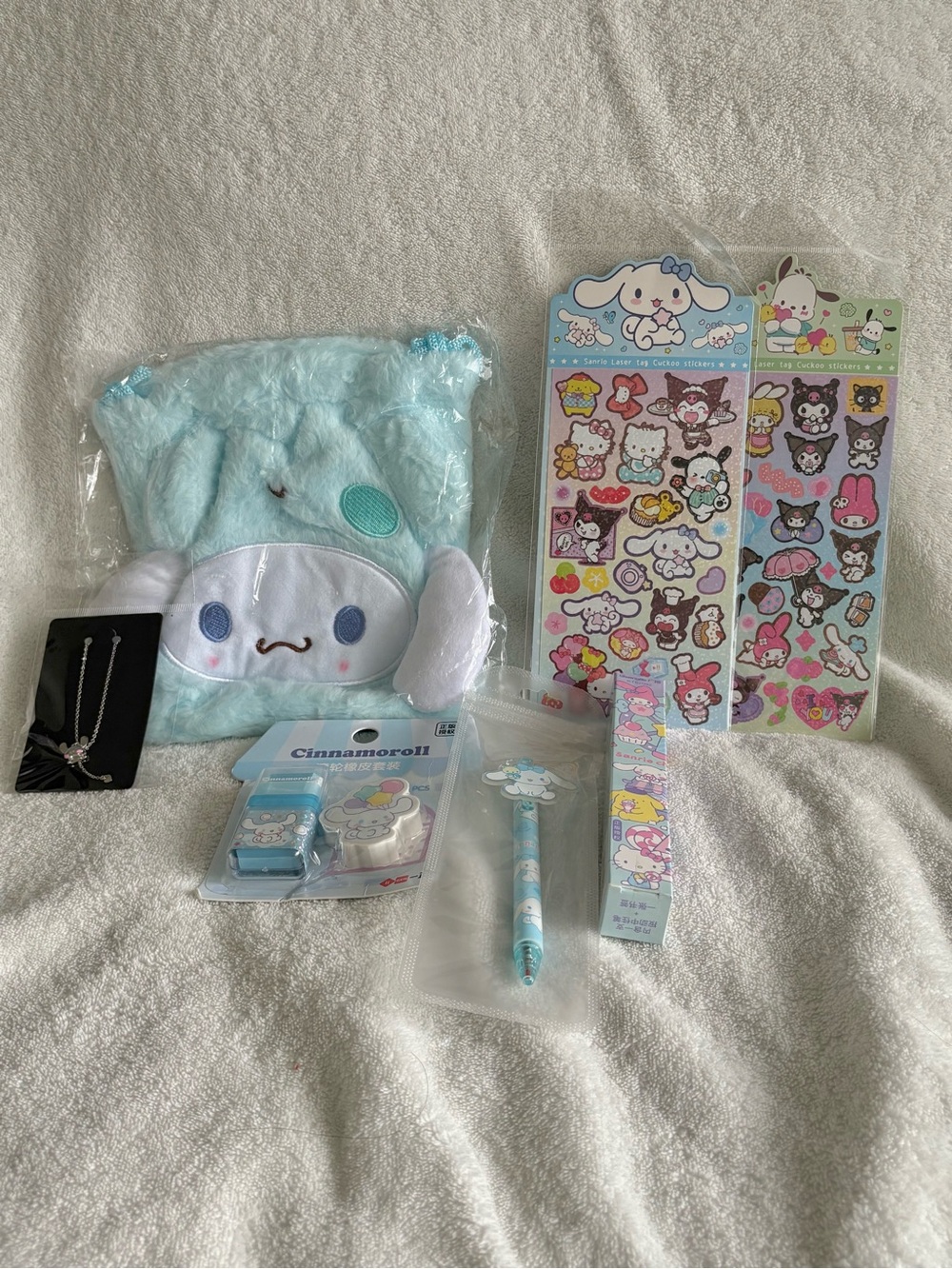 Cinnamoroll Bundle #7D - Plush Pouch, Erasers, Necklace, Stickers & More